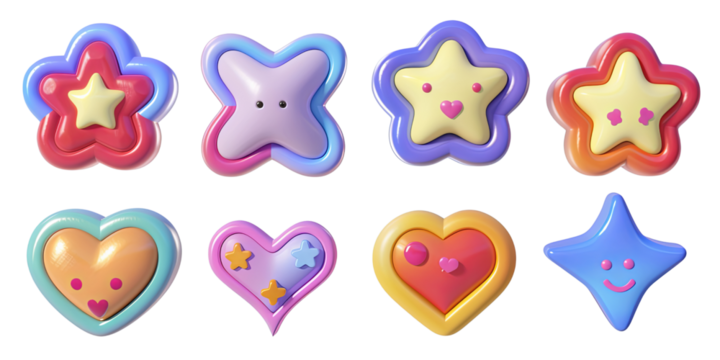 Set of colorful cute render emojis isolated on transparent background