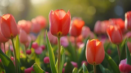 Foto op Canvas Red tulips growing in a field in sunlight in spring, Netherlands. © rob3rt82