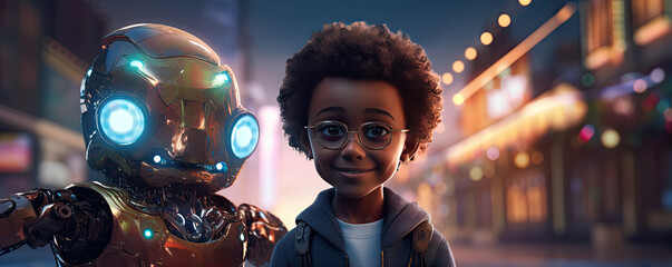 Little afro boy and robot. chatbot friend,