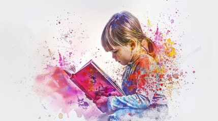 Obraz na płótnie Canvas A child sits reading on a colorful paint splash, blending art and education in a vibrant composition. Ideal for themes on creativity, learning, and childhood.