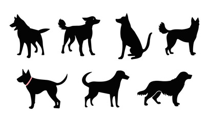 Set of silhouettes of dogs, domestic animal cartoon in different shapes  - obrazy, fototapety, plakaty