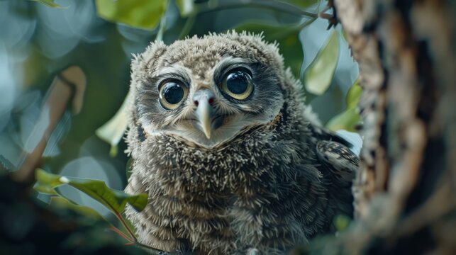Photo of an Owl in macro photography, high resolution photo of owl cub. The bureaucratic owl, also called field-buckthorn, field owl, owl-owl, buck-owl,