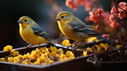 Des oiseaux repiquent les graines éparpillées, fertilisant la terre. Une symphonie naturelle de coopération écologique.  - 739552838