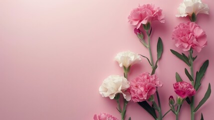 Fototapeta na wymiar Delicate white and pink carnations with buds on a soft pink background, ideal for gentle, floral themes.