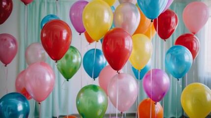 Assortment of colorful balloons in a bright room, festive and cheerful atmosphere.
