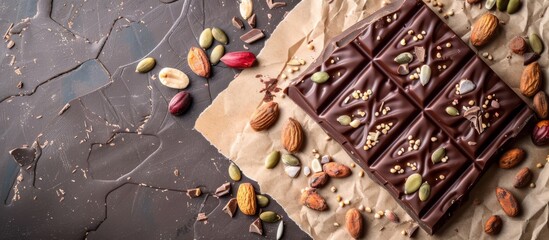 Assorted hand made organic sugar-free chocolates with nuts and dried fruits, perfect for gift, luxury, and sweet treat themes.