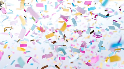 Fototapeta na wymiar Colorful confetti falling against a white background, evoking festivity and celebration. Ideal for party, event, and holiday designs.