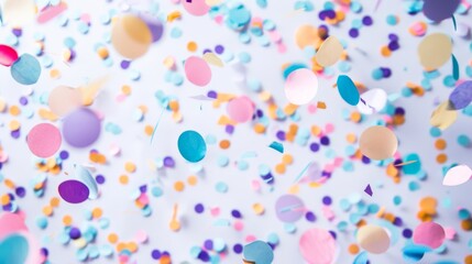 Colorful confetti falling against a white background, evoking festivity and celebration. Ideal for party, event, and holiday designs.