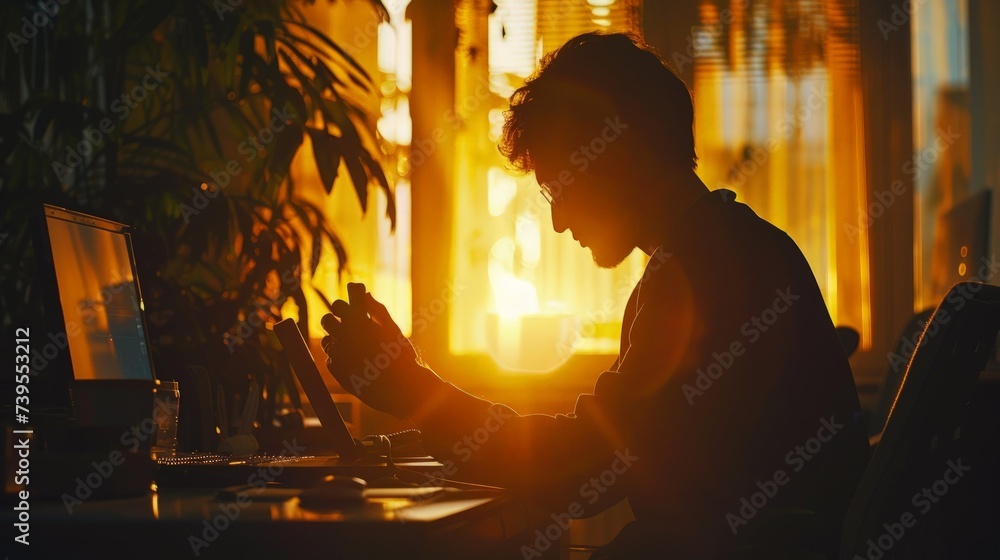 Poster silhouette of cropped shot of a young man working from home using smart phone and notebook computer,