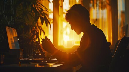 Silhouette of cropped shot of a young man working from home using smart phone and notebook computer, man's hands using smart phone in interior,
