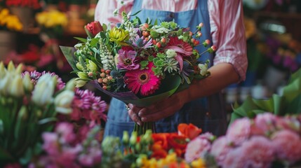 Florist Creating Stunning Bouquet at Small Business Flower Shop Generative AI