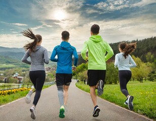 group of friends running and jogging in the forest and park. concept for healthy lifestyle in marathon training