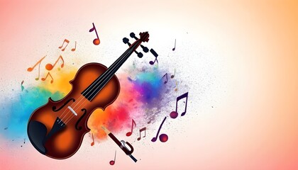 Fototapeta premium World music day banner with violin on abstract colorful dust background. Music day event and musical instruments colorful design.