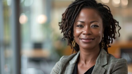Cheerful and Confident African American Businesswoman Exuding Professionalism in Modern Office Generative AI