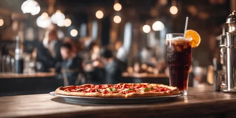 Foto op Plexiglas Glass of soft drink and pizza on the table. Generative Ai © SOLOTU