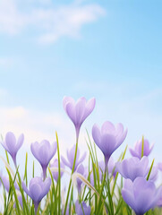 Lilac crocuses spring flowers on a blue sky background. Ai generative soft photography in pastel tones with copyspace perfect for poster, cover or seasonal advertising