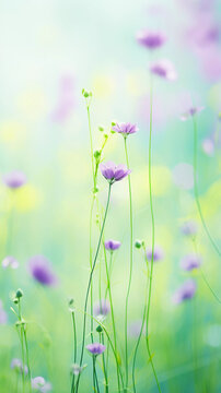 Spring violet flowers on a blurred background. Ai generative soft photography in pastel tones with copyspace perfect for poster, cover or seasonal advertising