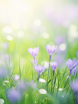 Lilac spring flowers on a blurred grass background. Ai generative soft photography in pastel tones with copyspace perfect for poster, cover or seasonal advertising