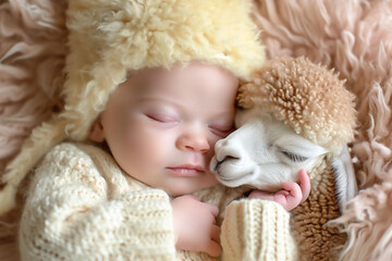 A cute baby in a white knitted outfit is sleeping and hugging a small beige lama on a soft peach fuzz background. Used for infant and animal bonds and wool use.