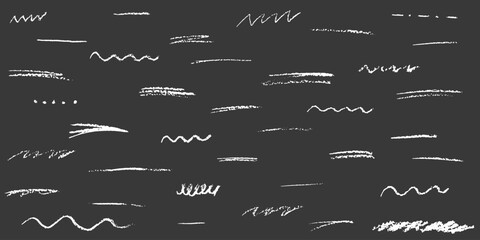 White charcoal crayon underlines set. Doodle lines with grunge pastel texture. Hand drawn chalk scribbles. Vector elements isolated on a black background - obrazy, fototapety, plakaty