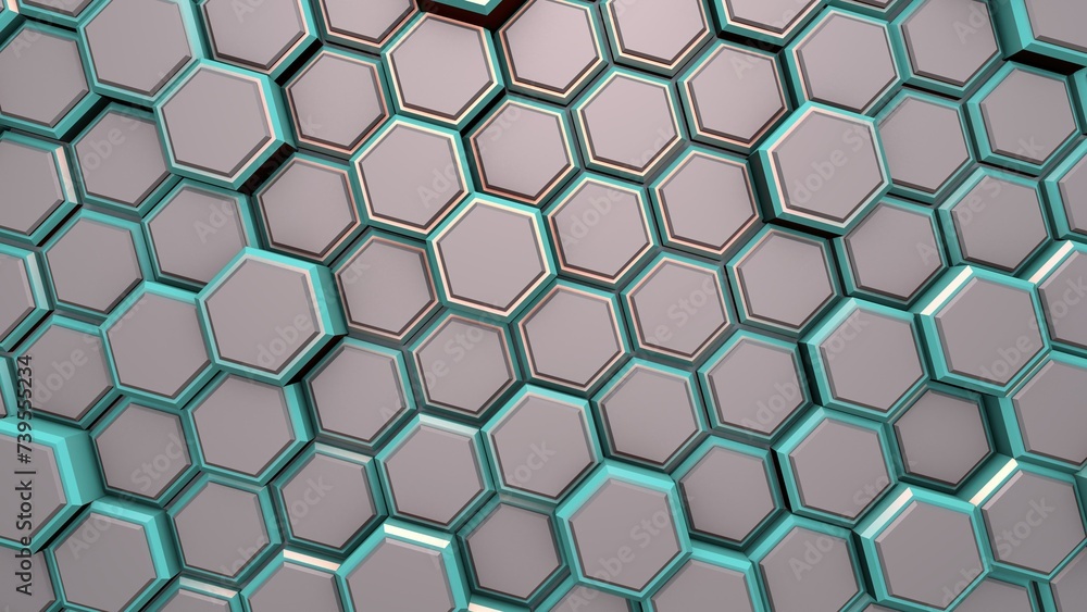 Poster abstract background or screensaver of gray and turquoise hexagons. rendering illustration.