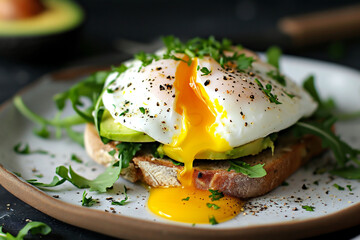A beautifully plated poached egg on avocado toast, garnished with herbs, set against a dark background, gourmet home cooking, perfect for foodie social media posts or cookbooks. - obrazy, fototapety, plakaty