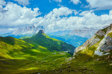 landscape with mountains, hills and clouds
