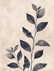Monochrome botanical illustration. Silhouette of leafy branch in grayscale on a vintage paper background. Floral design for interior print and stationary.