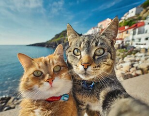 Cat and dog taking selfie on vacation in a seaside village