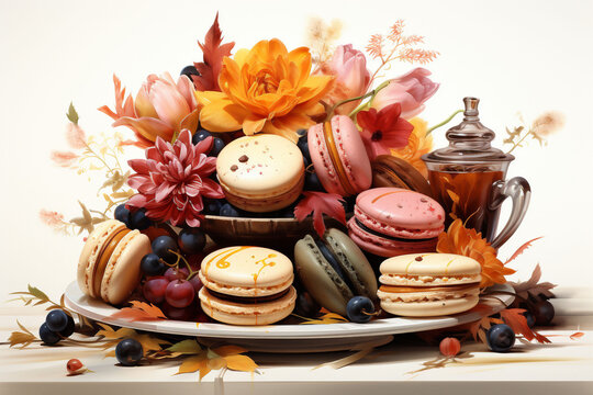 A pile of orange, brown and pink macarons with flowers on a plate. Used for autumn vibes and luxury snack ideas