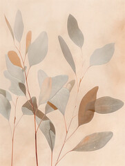 Earthy toned eucalyptus leaves illustration. A watercolor depiction of muted foliage on a textured cream background. Image for  wall decor and print designs.
