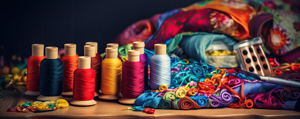 colored bright fabric. detail of sewing color material like fabric, cotton, spool of thread. - obrazy, fototapety, plakaty
