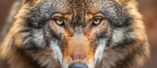 Schilderijen op glas Intense close up portrait of a fierce wolf with piercing eyes in the wild © TheWaterMeloonProjec