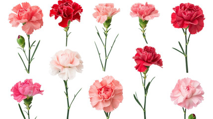 Assorted carnations in shades of pink, red, and white are neatly arranged on a clean background, ideal for varied floral themes.