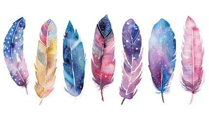 A collection of vibrant, watercolor feathers with cosmic and floral patterns, representing artistic creativity or spiritual themes.