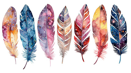 A collection of vibrant, watercolor feathers with cosmic and floral patterns, representing artistic creativity or spiritual themes. - obrazy, fototapety, plakaty
