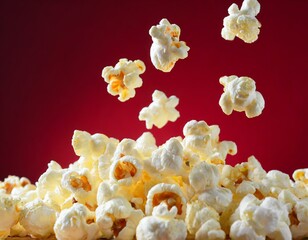  flying popcorn on red background for movie night and cinema visit