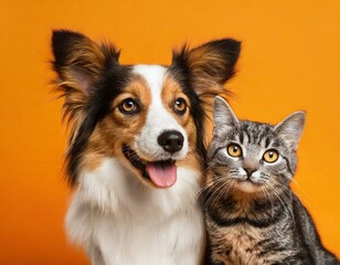 Naklejka na ściany i meble dog and cat as the best friends on solid colorful background, friendship between dogs and cats, home pets