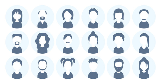 Placeholder with male and female avatars. Vector round default user portrait.