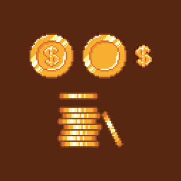 Pixel art retro gold coin dollar sign game asset icon set. Vector illustration isolated