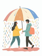 Sharing Umbrella in Rain: Cute Pastel Illustration Generative AI