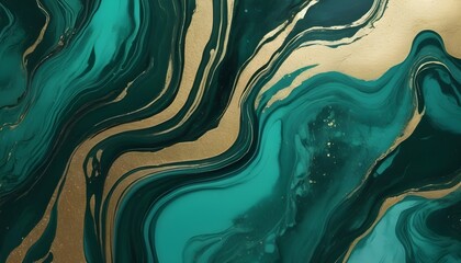 Green marble with golden veins abstract ink paint liquid background. Green and golden texture with marble surface. Dark green aqua abstract painted wavy marble background. - obrazy, fototapety, plakaty