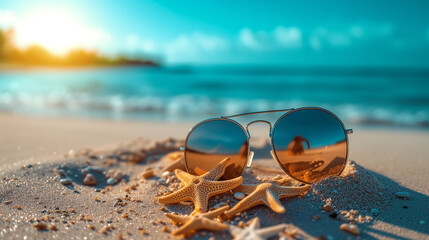 Fototapeta na wymiar Sunglasses and starfish in the beach sand. Vacation background concept.