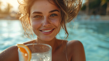 Woman with glass of refreshing drink near swimming pool. Beautiful young woman with cocktail in blue swimming pool. relax. - obrazy, fototapety, plakaty