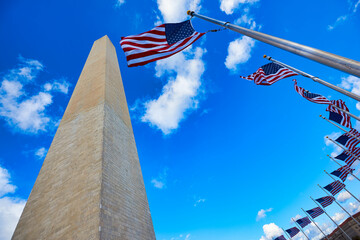 Washington Monument and American Flags. Washington DC, USA.