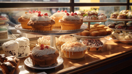Fototapeta na wymiar Bakery display with decorated cakes
