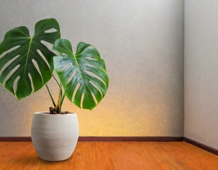Monstera plant in a asthetic minimalistic room in white pot and white wall behind it