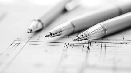 Closeup of mechanical pencils in stainless steel on blueprint design. In black and white.