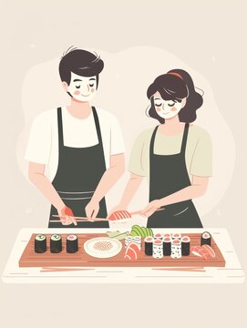 Couple Preparing Sushi Rolls in Colorful Class Generative AI