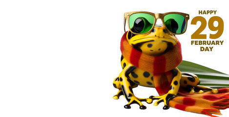 A Golden Poison Frog wearing colored sunglasses and scarfs celebrating 29 February Day on an isolated white background.